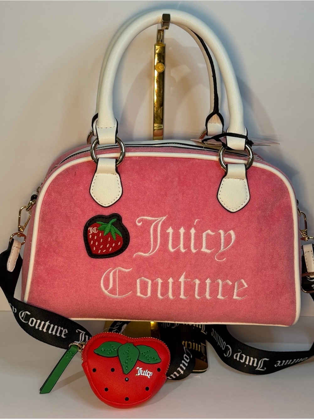 Juicy Couture Pink Velvet Satchel with White Trim and Strawberry Charm